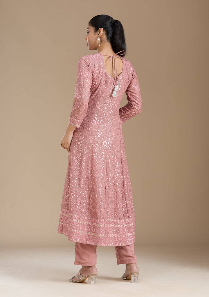 Peach Sequins Georgette Readymade Salwar Suit_koskii