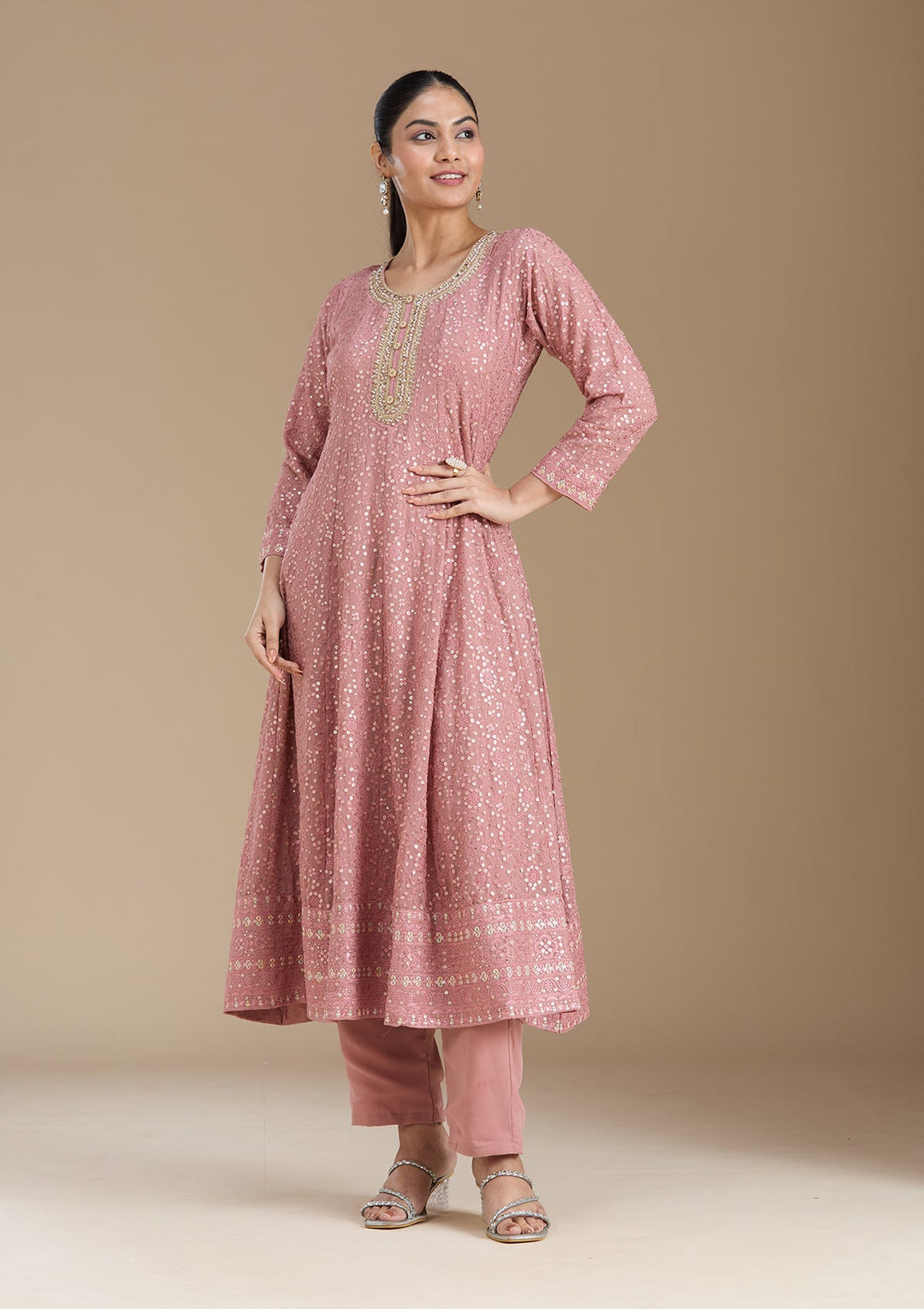 Peach Sequins Georgette Readymade Salwar Suit_koskii