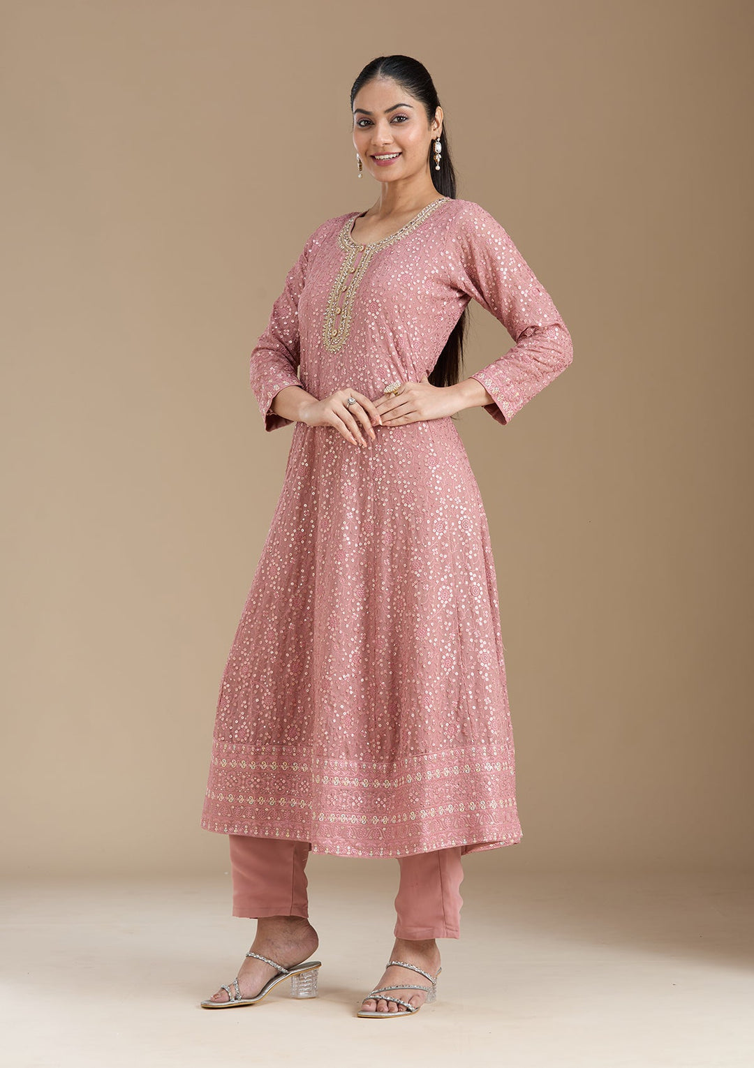 Peach Sequins Georgette Readymade Salwar Suit_koskii