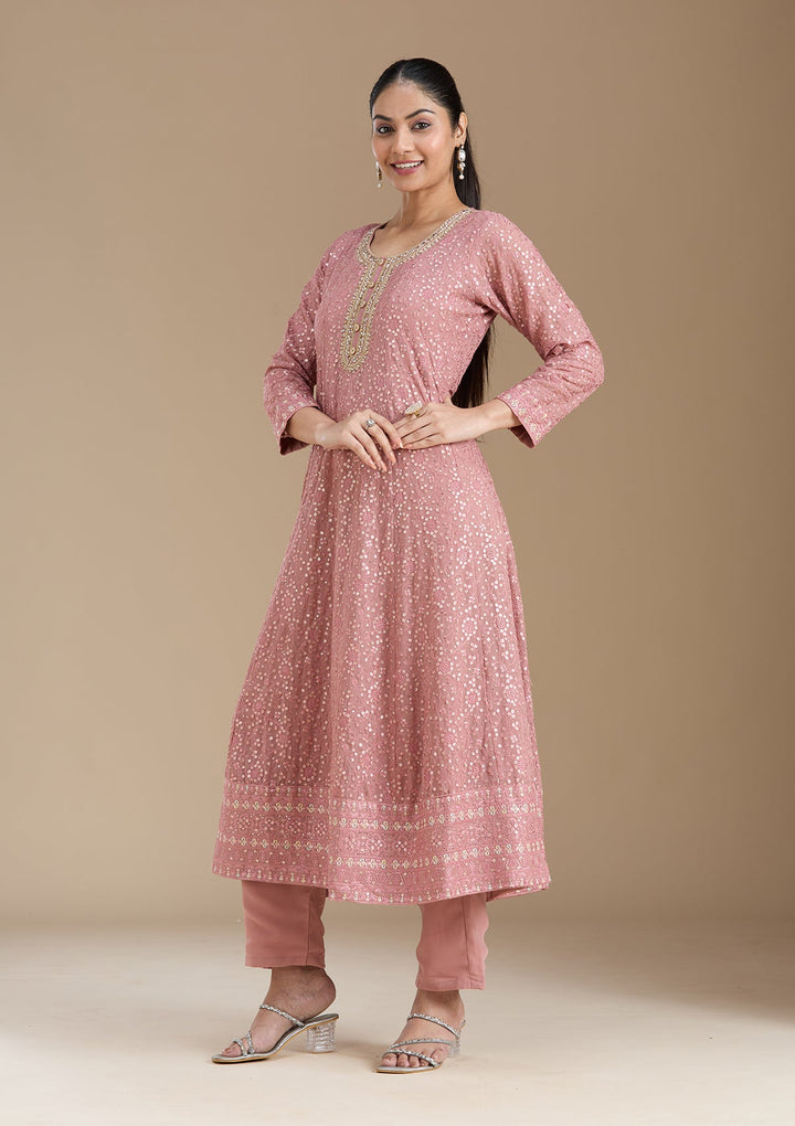Peach Sequins Georgette Readymade Salwar Suit_koskii