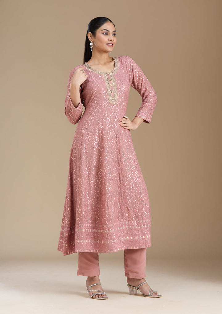 Peach Sequins Georgette Readymade Salwar Suit_koskii