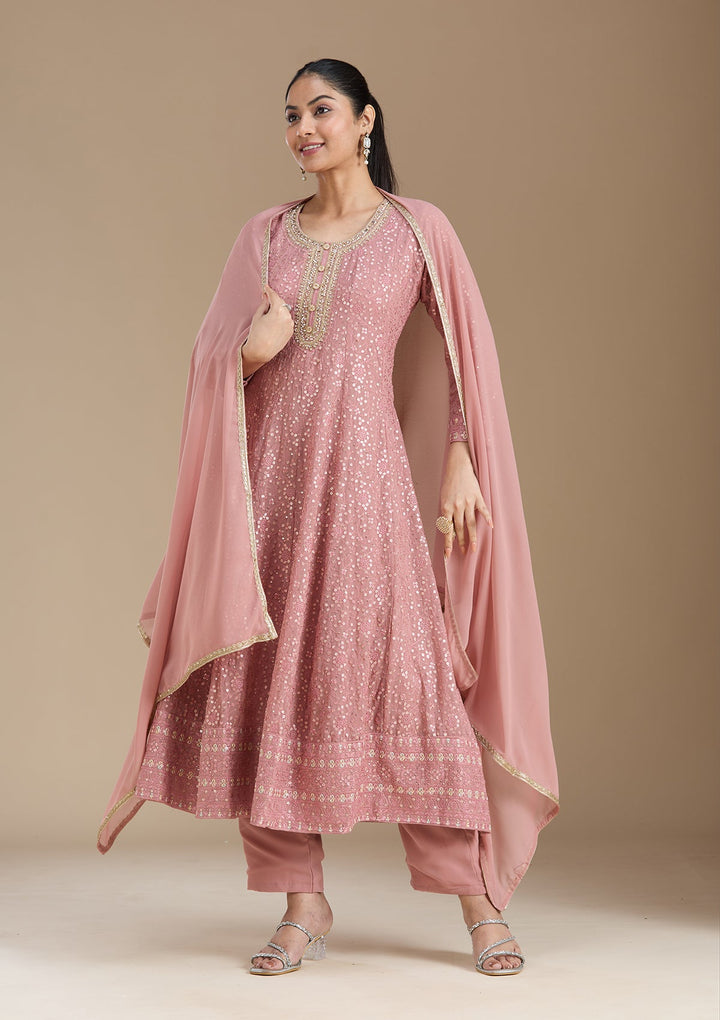 Peach Sequins Georgette Readymade Salwar Suit_koskii