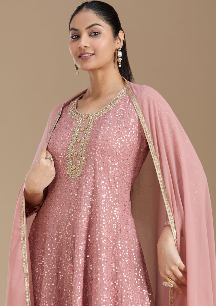 Peach Sequins Georgette Readymade Salwar Suit_koskii