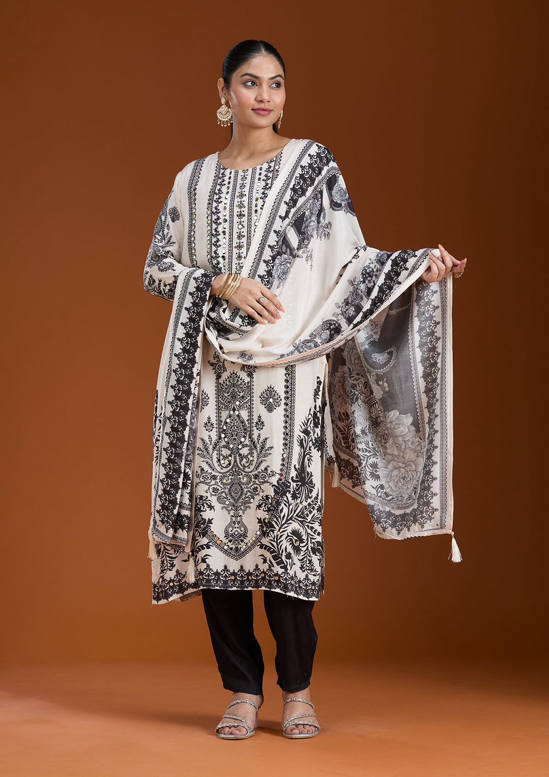 Off White Printed Crepe Readymade Salwar Suit-koskii