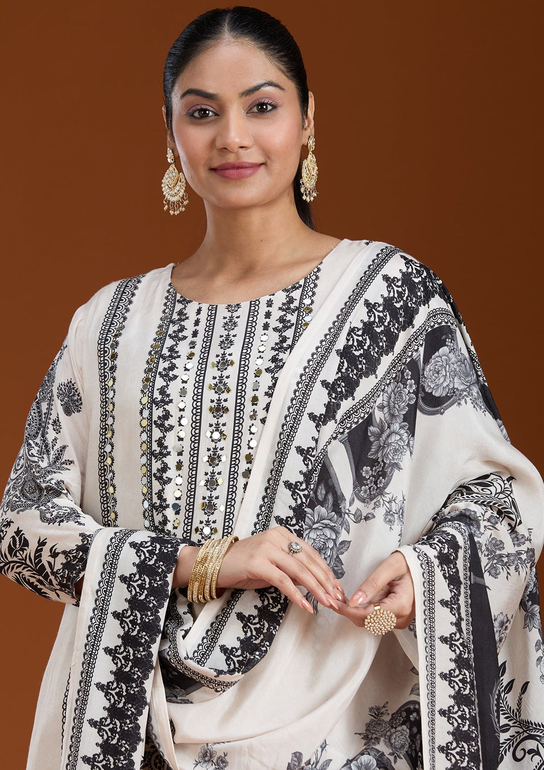 Off White Printed Crepe Readymade Salwar Suit-koskii