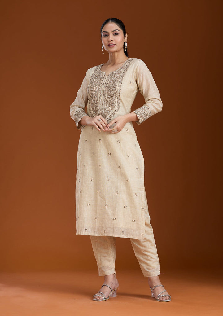 Beige Threadwork Chanderi Readymade Salwar Suit_koskii