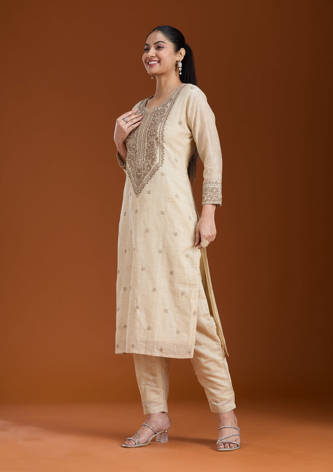 Beige Threadwork Chanderi Readymade Salwar Suit_koskii