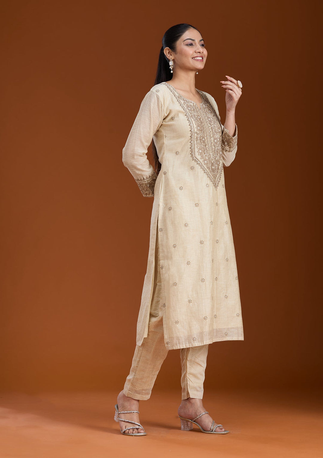 Beige Threadwork Chanderi Readymade Salwar Suit_koskii