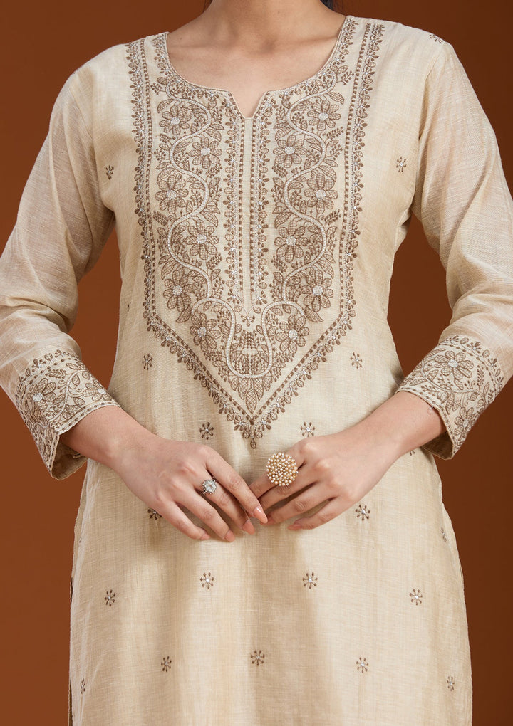 Beige Threadwork Chanderi Readymade Salwar Suit_koskii