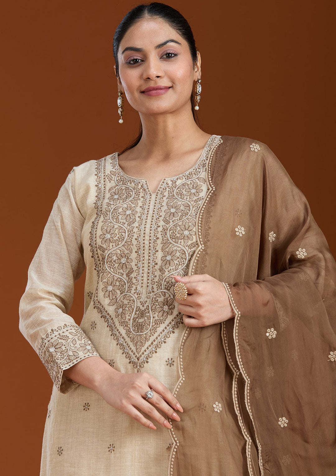 Beige Threadwork Chanderi Readymade Salwar Suit_koskii