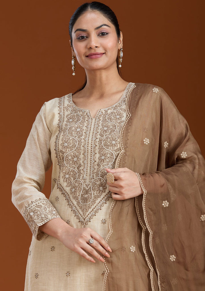 Beige Threadwork Chanderi Readymade Salwar Suit_koskii