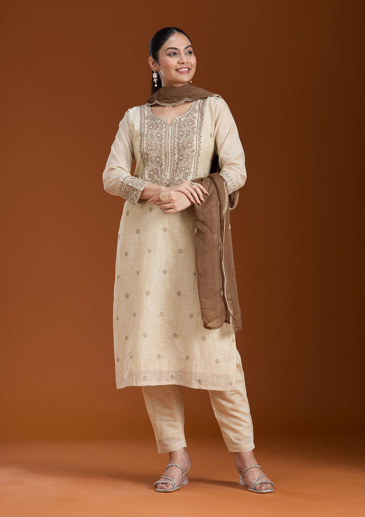 Beige Threadwork Chanderi Readymade Salwar Suit_koskii