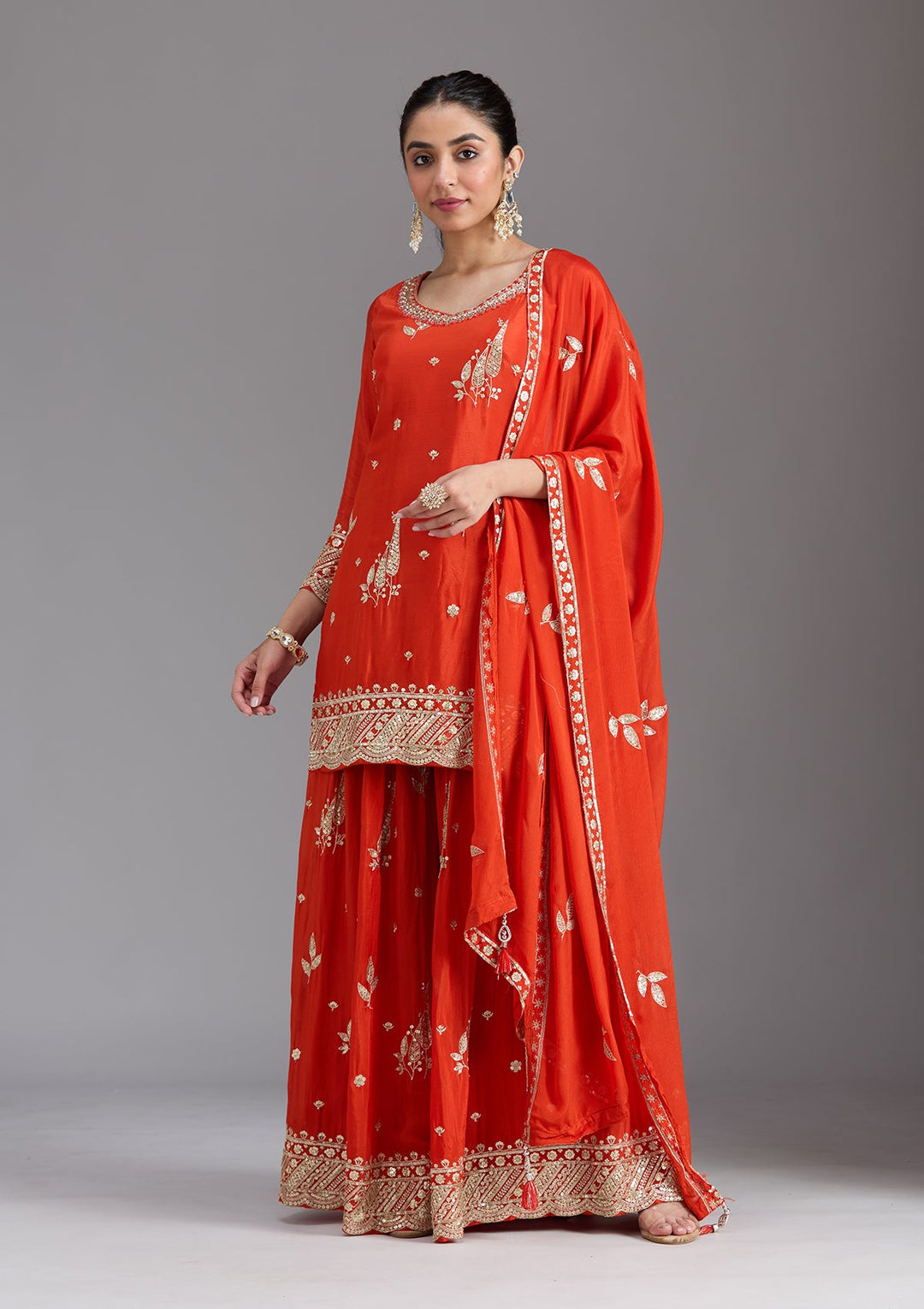 Orange Zariwork (Gold) Chinon Readymade Salwar Suit-koskii
