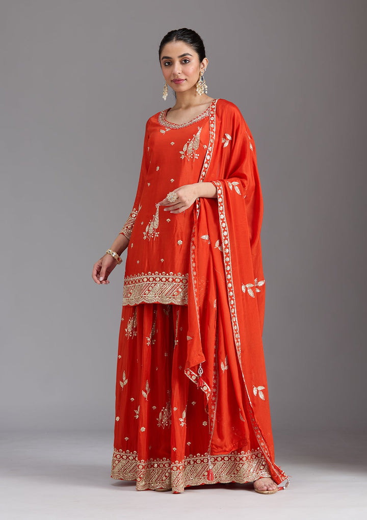 Orange Zariwork (Gold) Chinon Readymade Salwar Suit-koskii