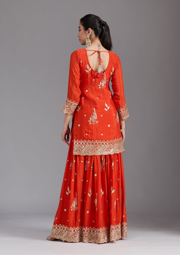 Orange Zariwork (Gold) Chinon Readymade Salwar Suit-koskii