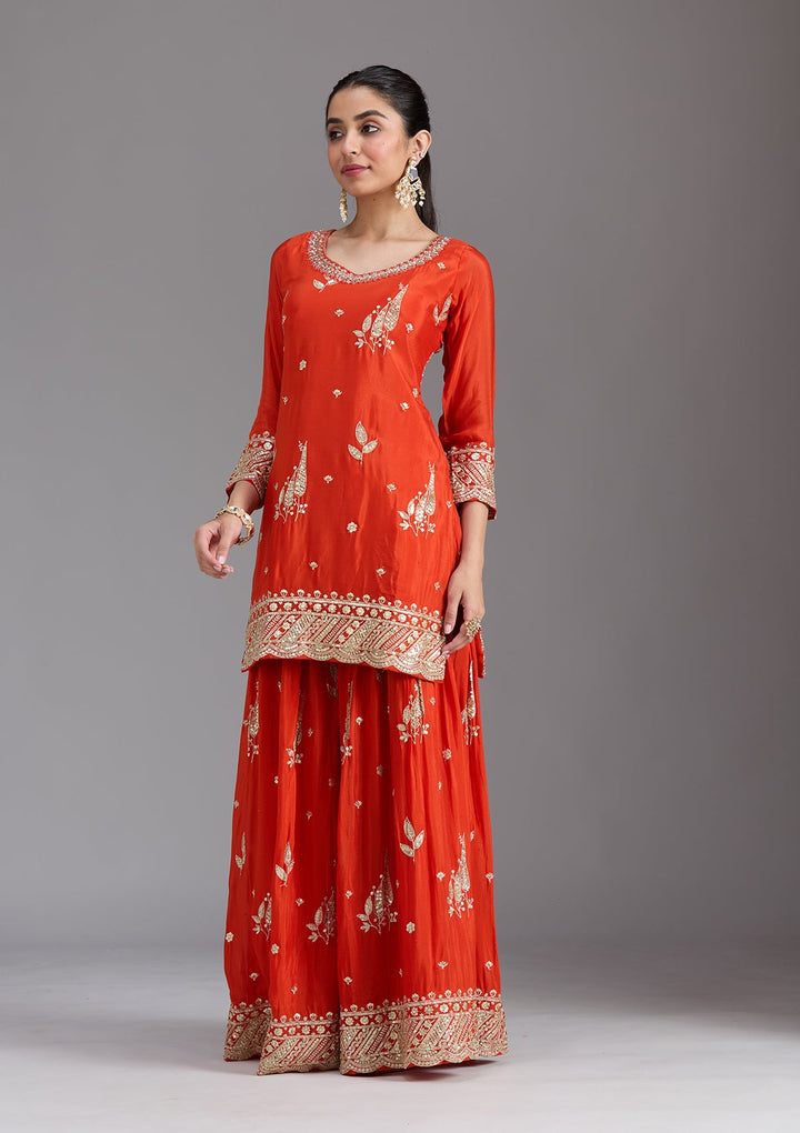 Orange Zariwork (Gold) Chinon Readymade Salwar Suit