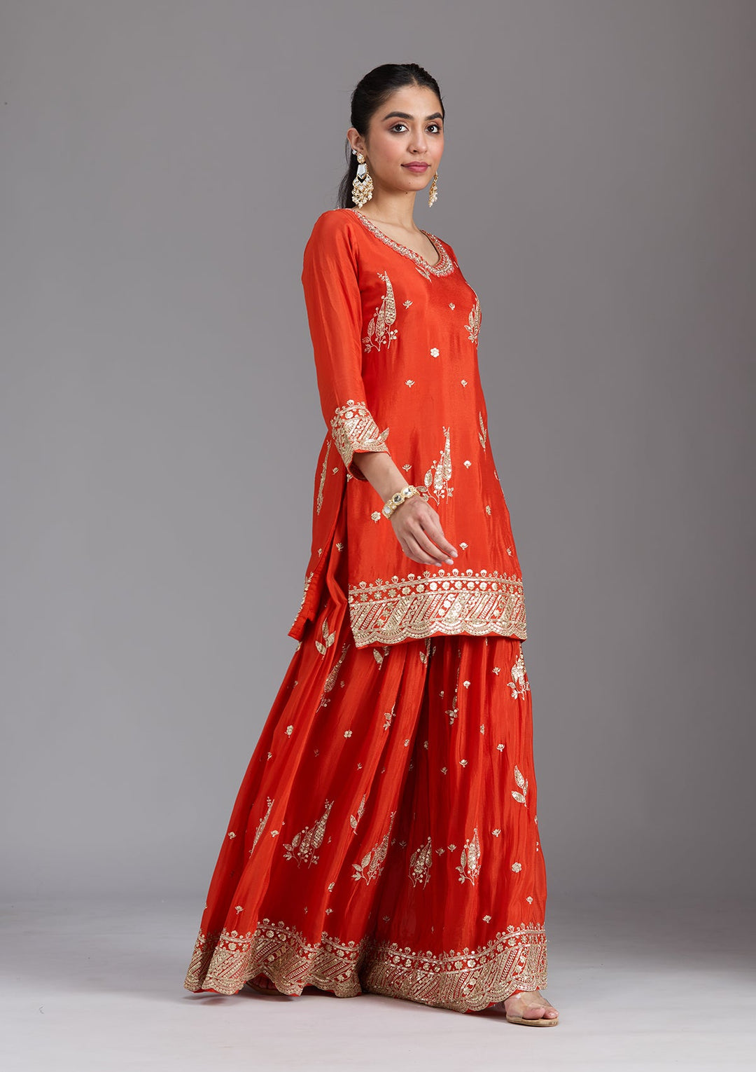 Orange Zariwork (Gold) Chinon Readymade Salwar Suit