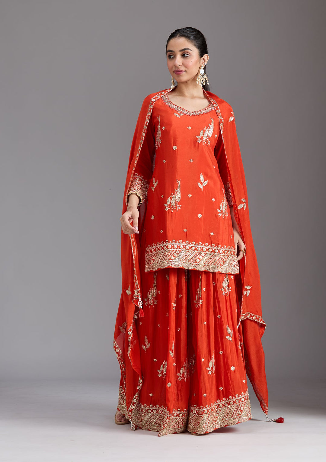 Orange Zariwork (Gold) Chinon Readymade Salwar Suit-koskii