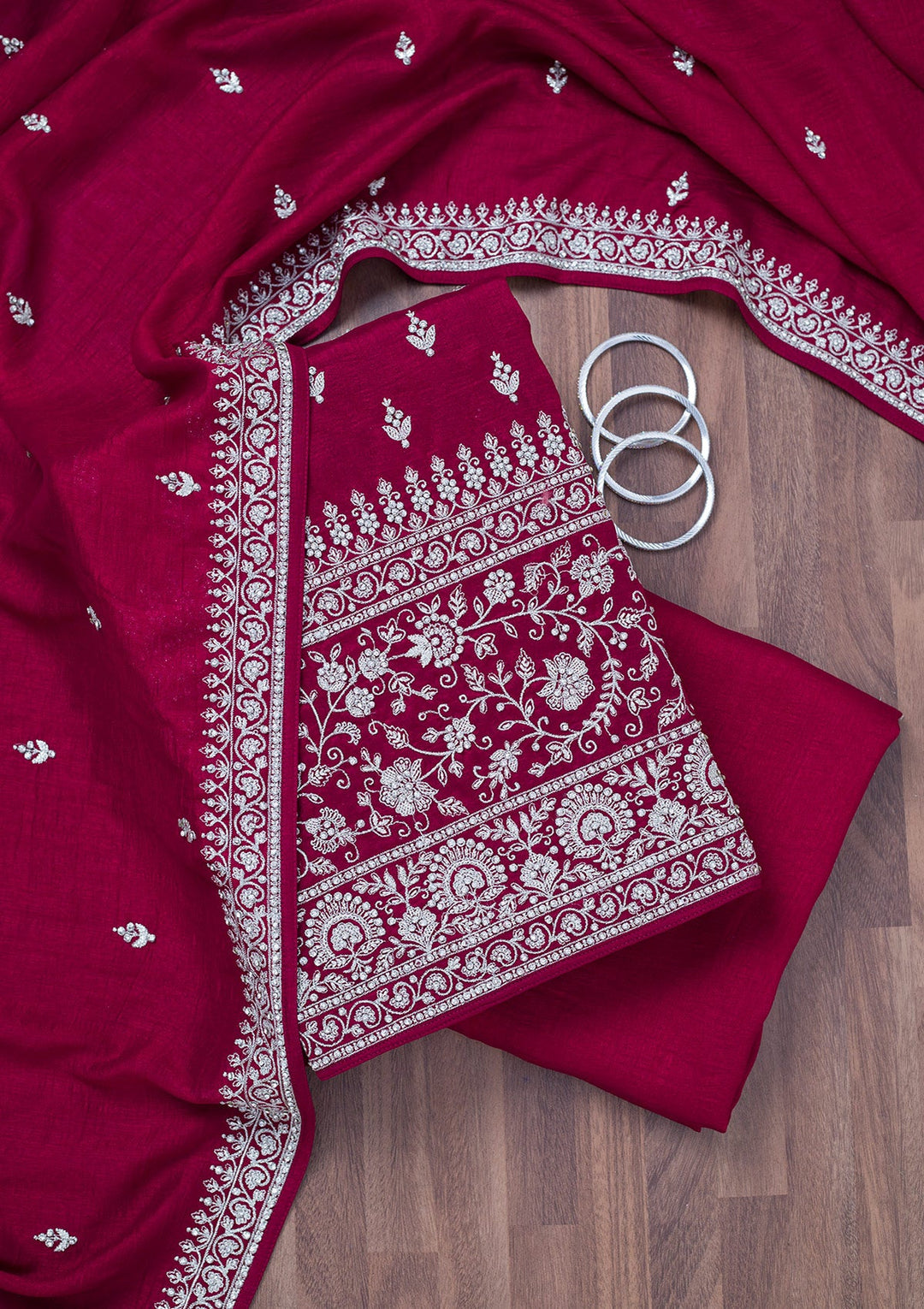 Maroon Zariwork Soft Raw Silk Unstitched Salwar Suit-Koskii