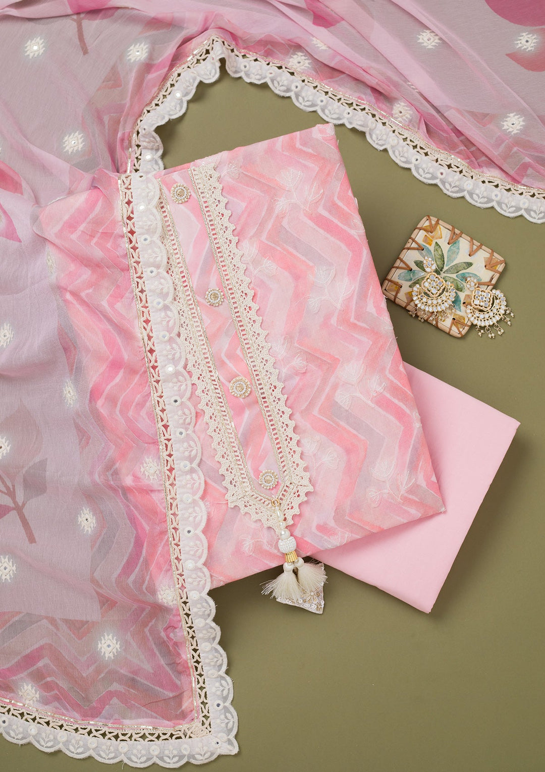 Pink Threadwork Cotton Unstitched Salwar Suit-koskii