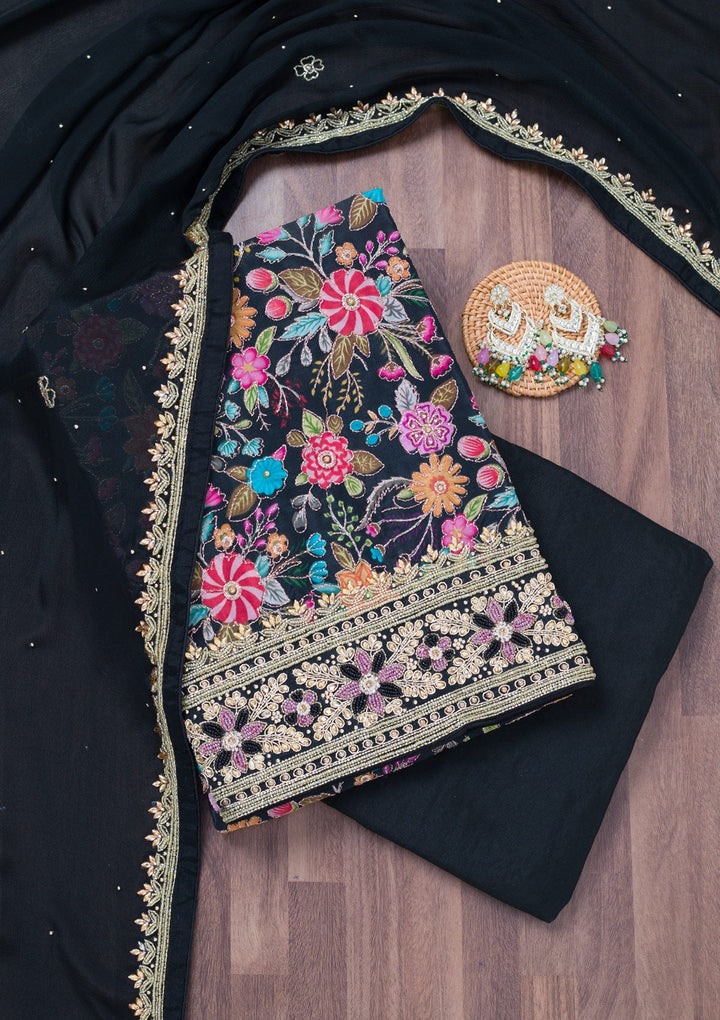 Black Stonework Chinon Unstitched Salwar Suit-Koskii