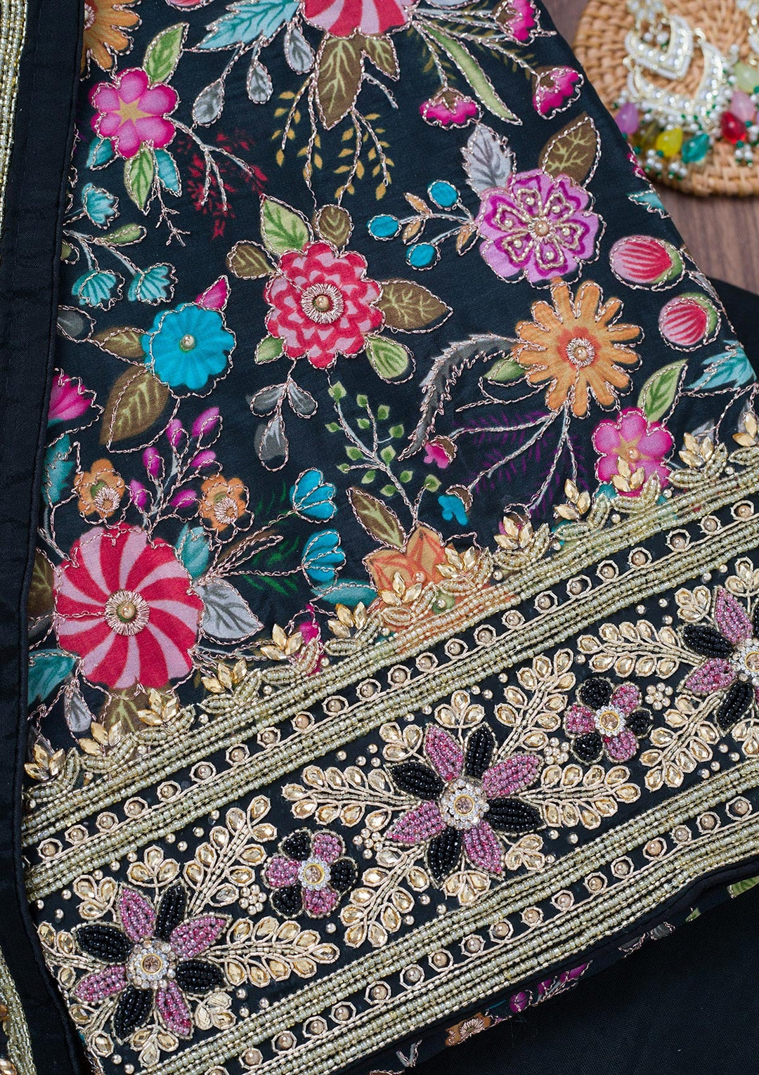 Black Stonework Chinon Unstitched Salwar Suit-Koskii