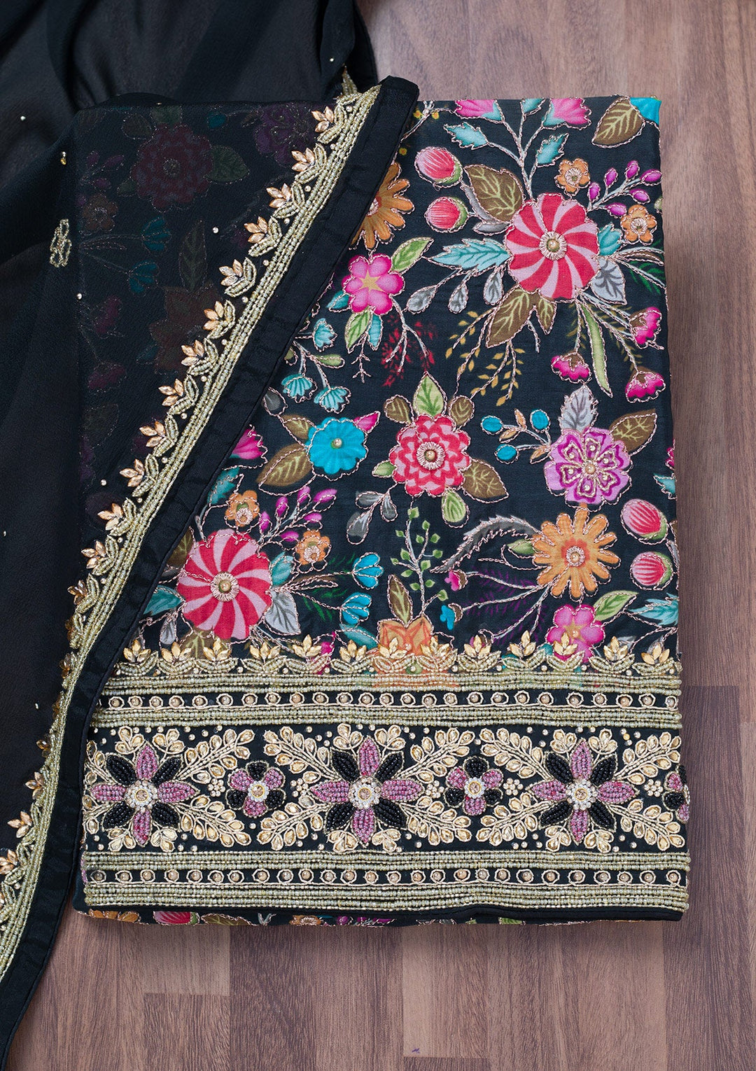 Black Stonework Chinon Unstitched Salwar Suit-Koskii