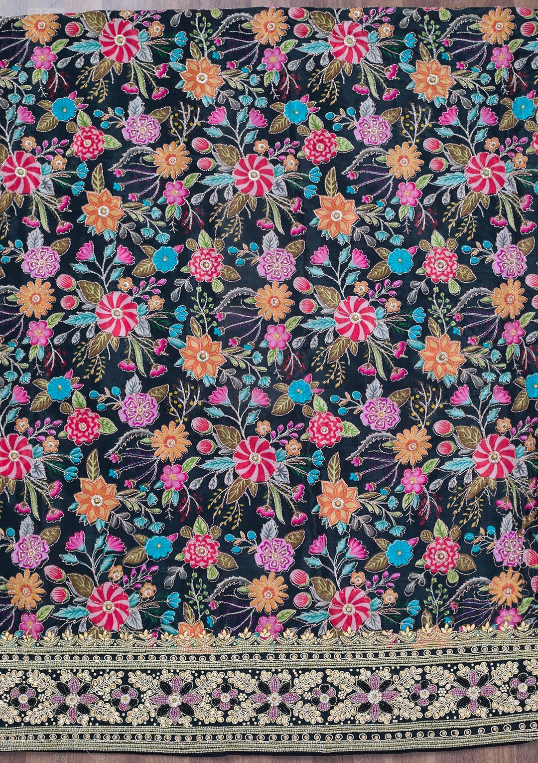 Black Stonework Chinon Unstitched Salwar Suit-Koskii