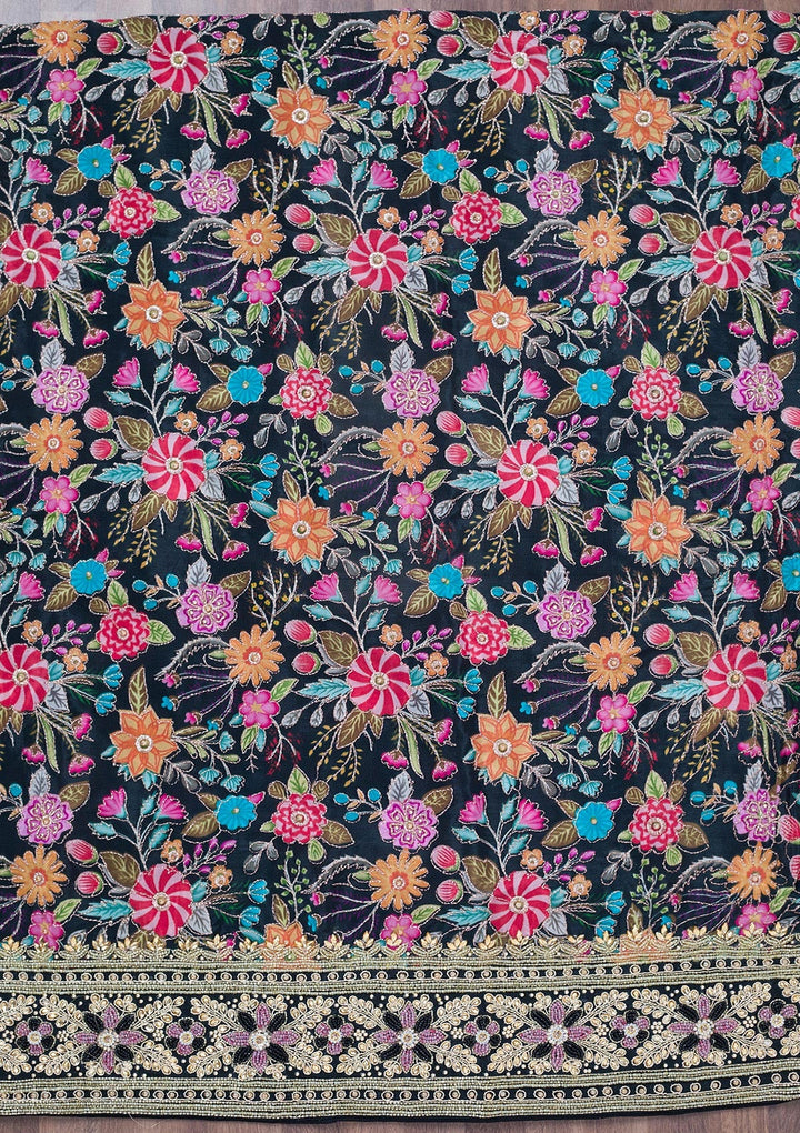 Black Stonework Chinon Unstitched Salwar Suit-Koskii