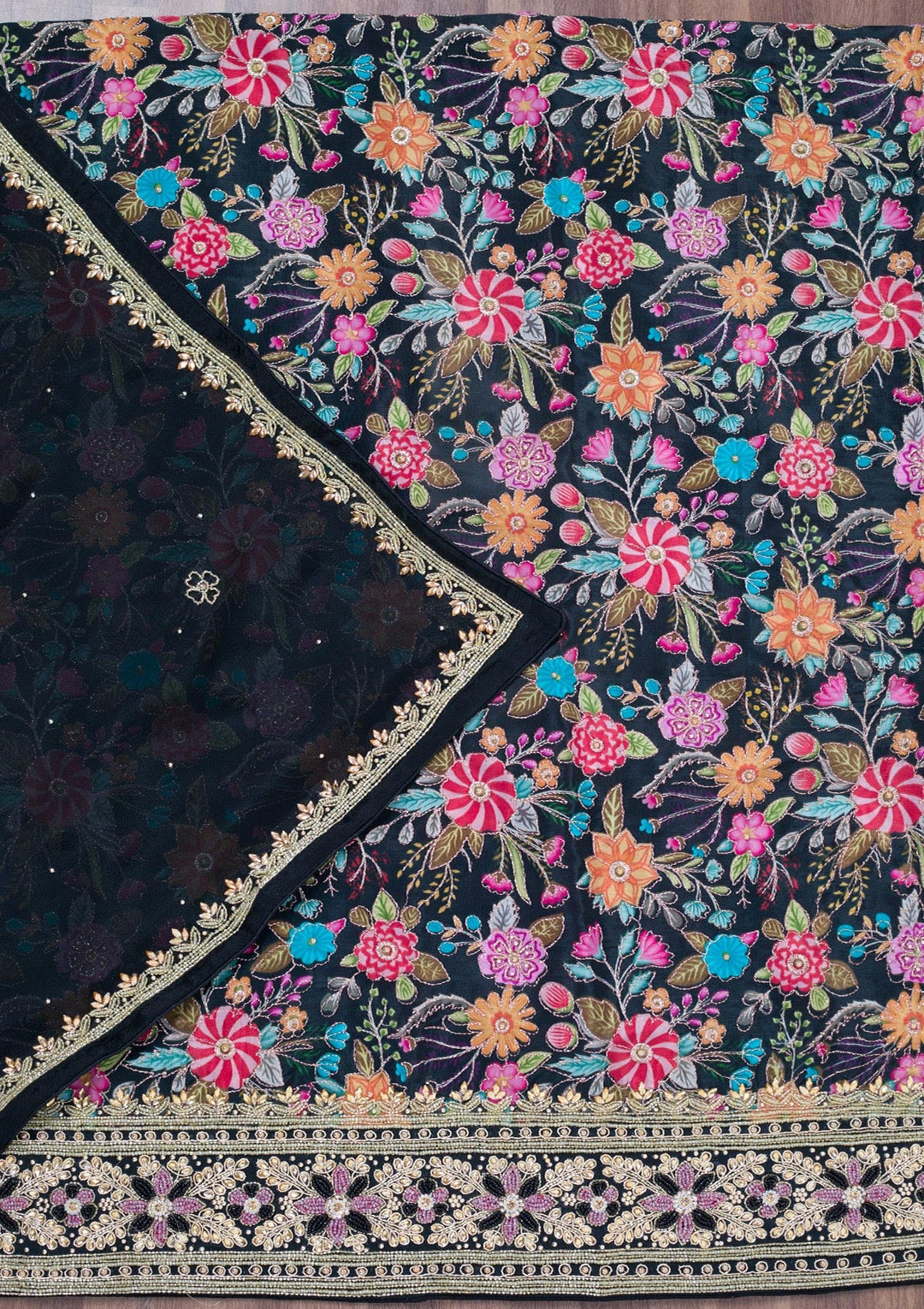 Black Stonework Chinon Unstitched Salwar Suit-Koskii