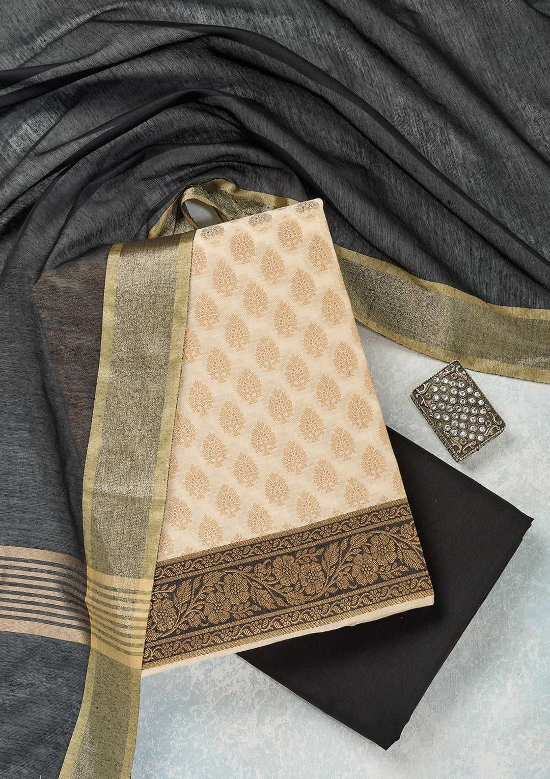 Beige Zariwork (Gold) Banarasi Unstitched Salwar Suit-Koskii