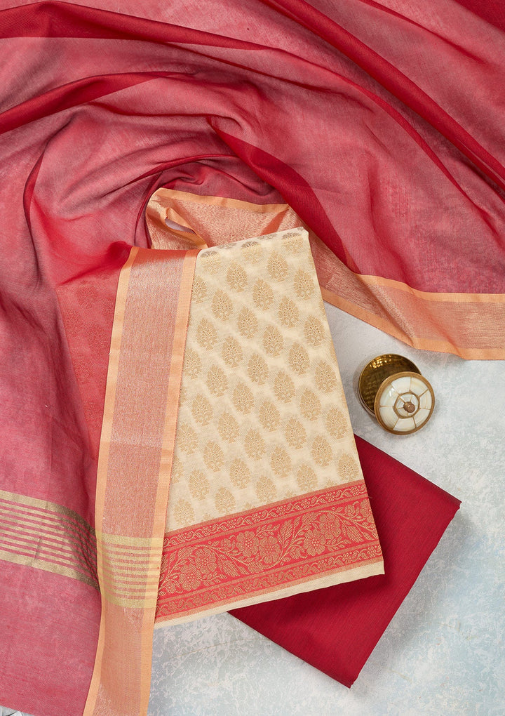 Beige Zariwork (Gold) Banarasi Unstitched Salwar Suit-Koskii