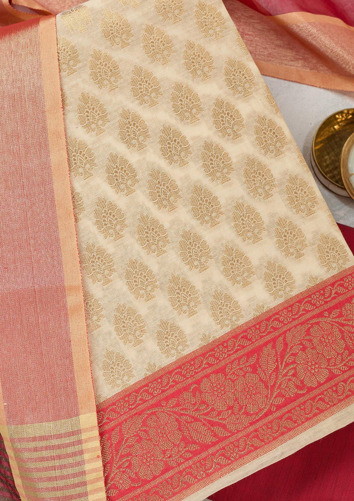 Beige Zariwork (Gold) Banarasi Unstitched Salwar Suit-Koskii