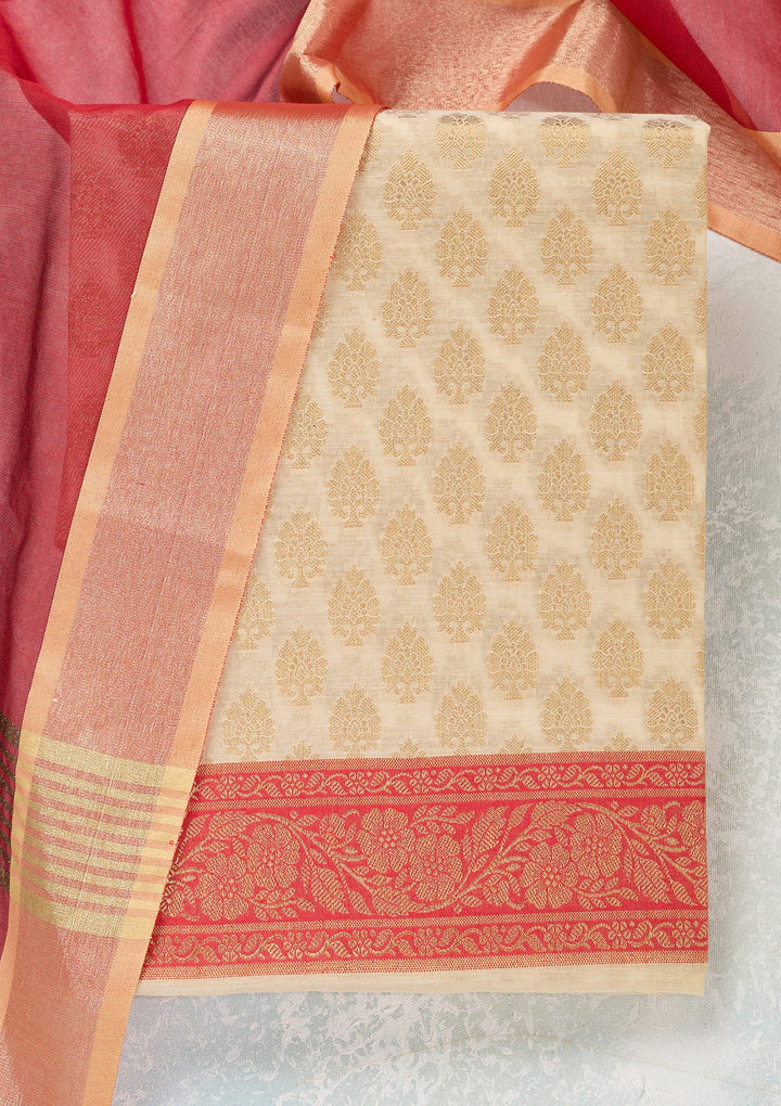 Beige Zariwork (Gold) Banarasi Unstitched Salwar Suit-Koskii