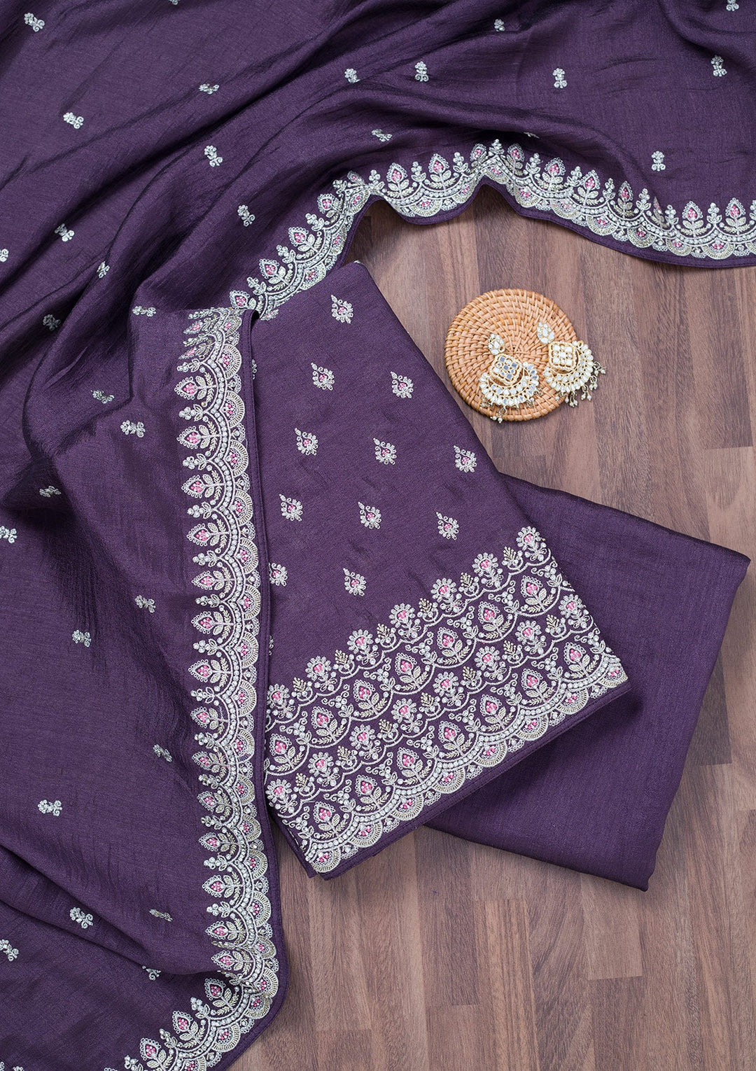 Lavender Zariwork Soft Raw Silk Unstitched Salwar Suit-Koskii