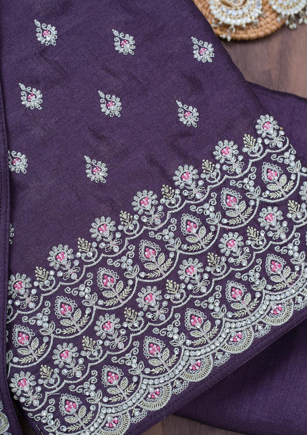 Lavender Zariwork Soft Raw Silk Unstitched Salwar Suit-Koskii