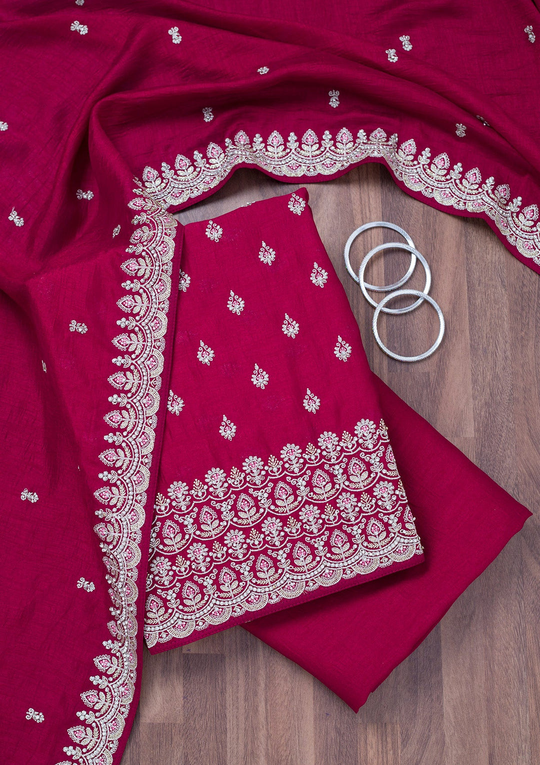 Maroon Zariwork Soft Raw Silk Unstitched Salwar Suit-Koskii