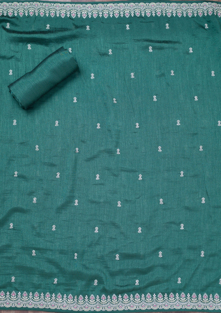 Sea Green Zariwork Soft Raw Silk Unstitched Salwar Suit-Koskii