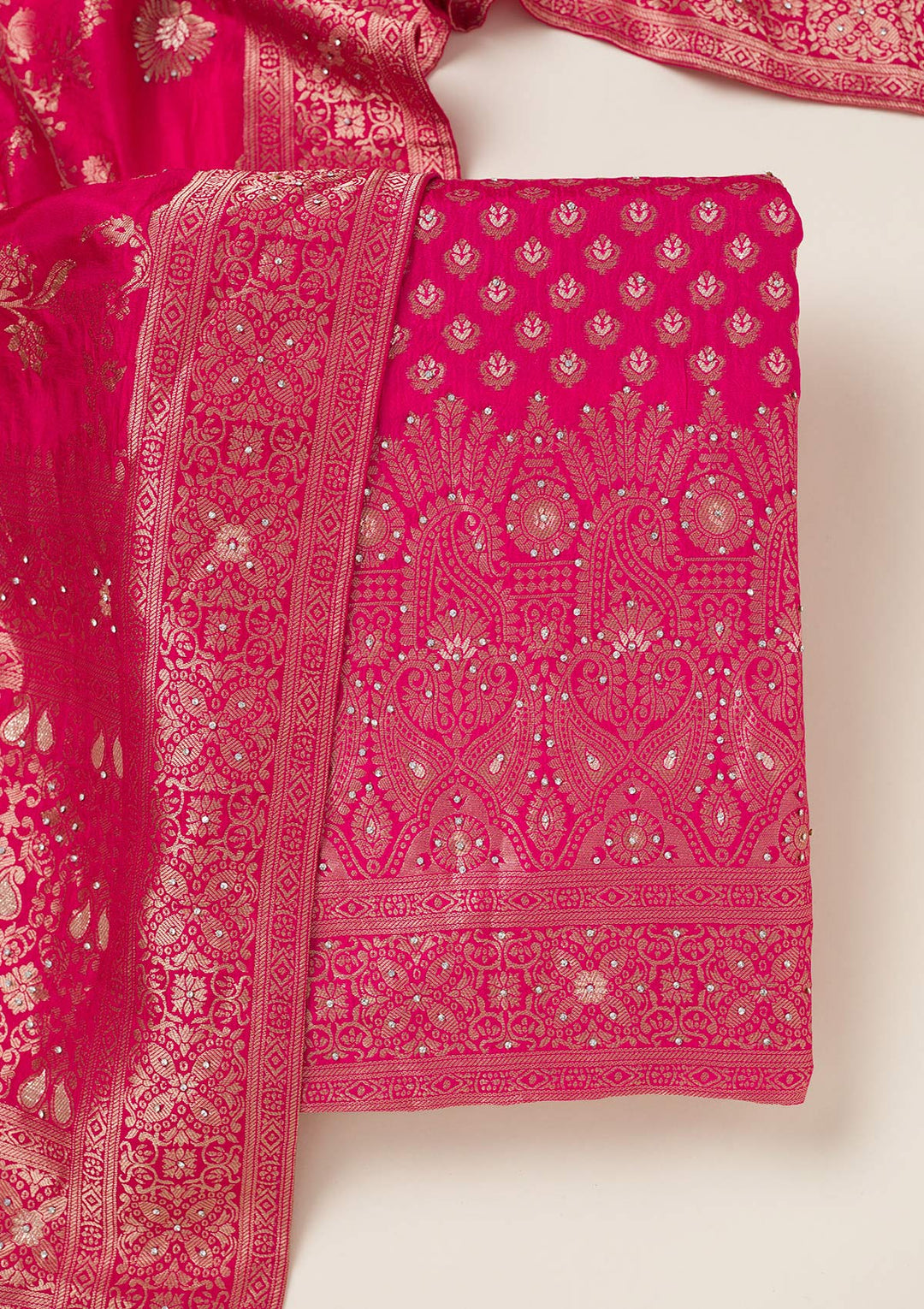 Rani Pink Zariwork Art Silk Unstitched Salwar Suit-koskii