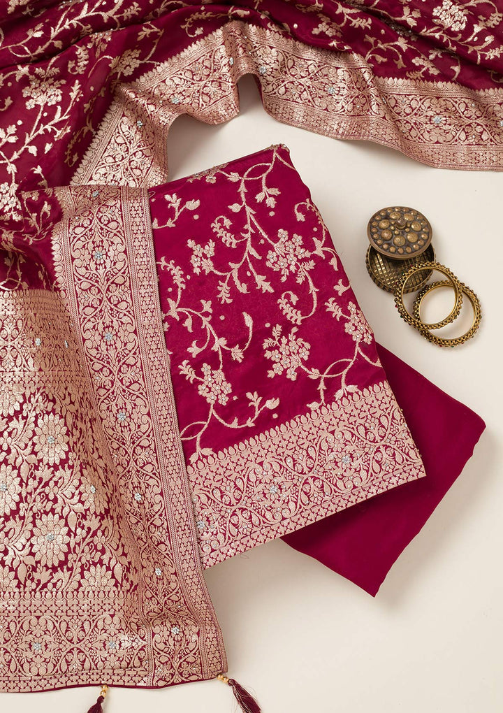 Maroon Zariwork Semi Crepe Unstitched Salwar Suit-koskii