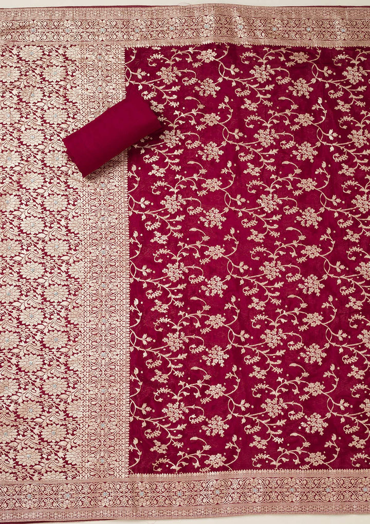 Maroon Zariwork Semi Crepe Unstitched Salwar Suit-koskii