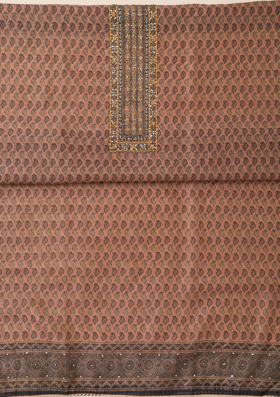 Peach Printed Chanderi Unstitched Salwar Suit-Koskii