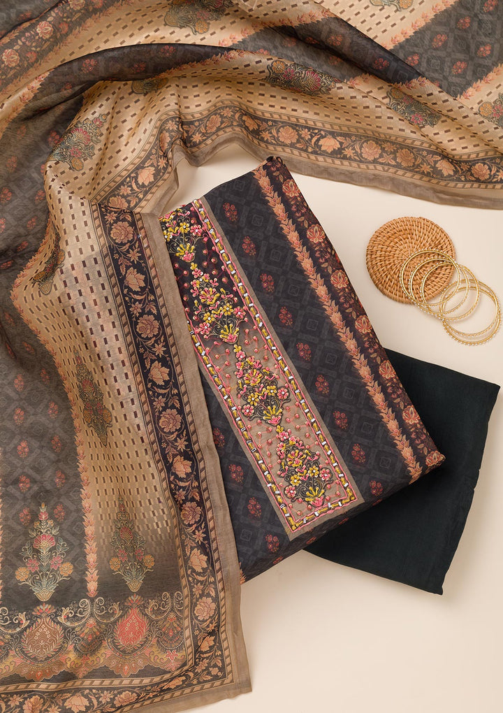 Black Printed Chanderi Unstitched Salwar Suit-Koskii