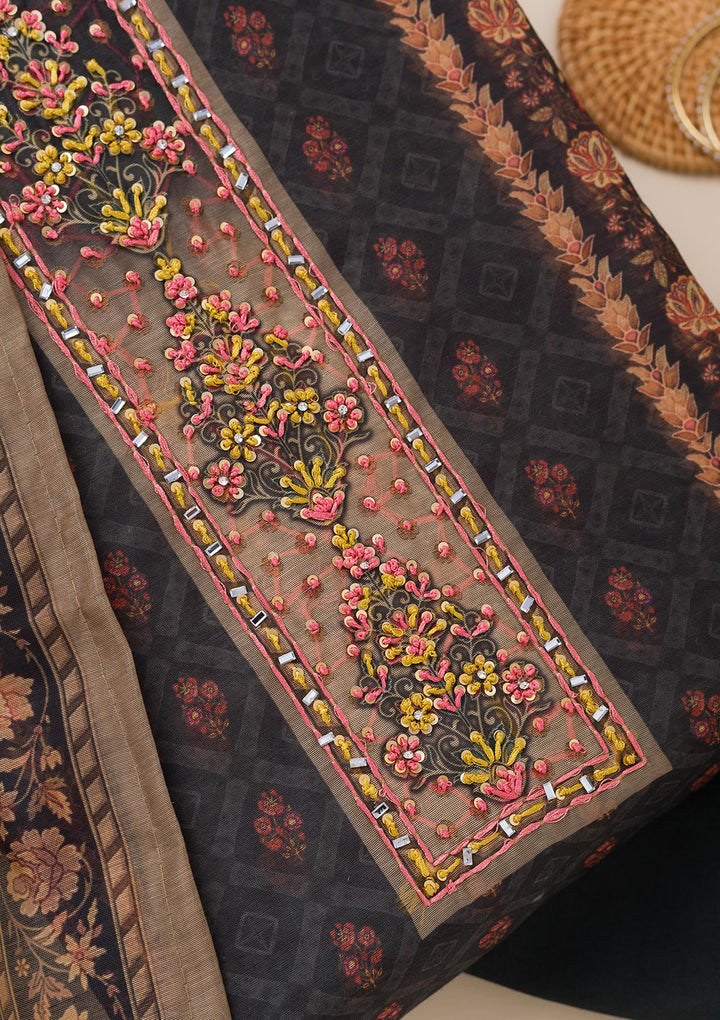 Black Printed Chanderi Unstitched Salwar Suit-Koskii