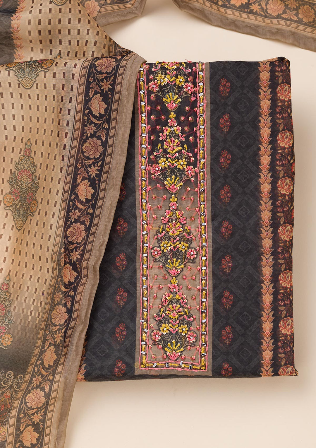 Black Printed Chanderi Unstitched Salwar Suit-Koskii