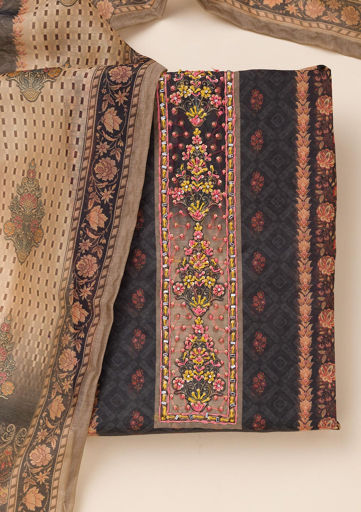 Black Printed Chanderi Unstitched Salwar Suit-Koskii