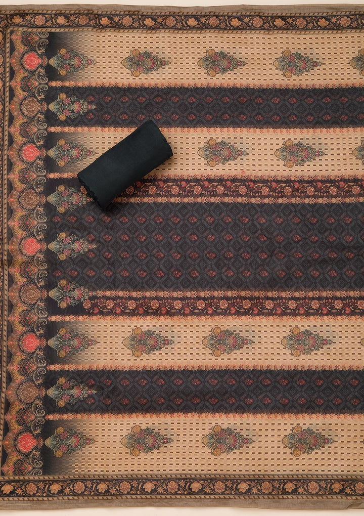 Black Printed Chanderi Unstitched Salwar Suit-Koskii