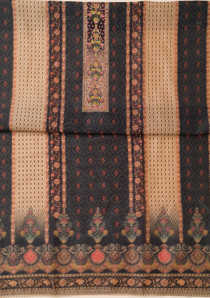 Black Printed Chanderi Unstitched Salwar Suit-Koskii