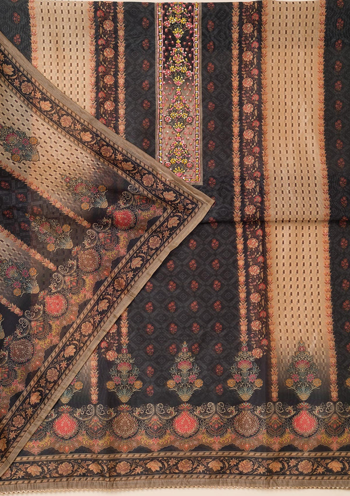 Black Printed Chanderi Unstitched Salwar Suit-Koskii