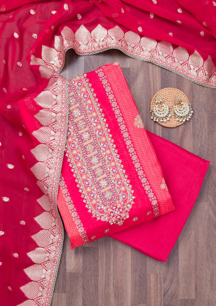 Red Cutdana Tissue Unstitched Salwar Suit-Koskii